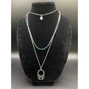 Silver Tone Aqua Green Crystal Bead Multistrand Chain Necklace